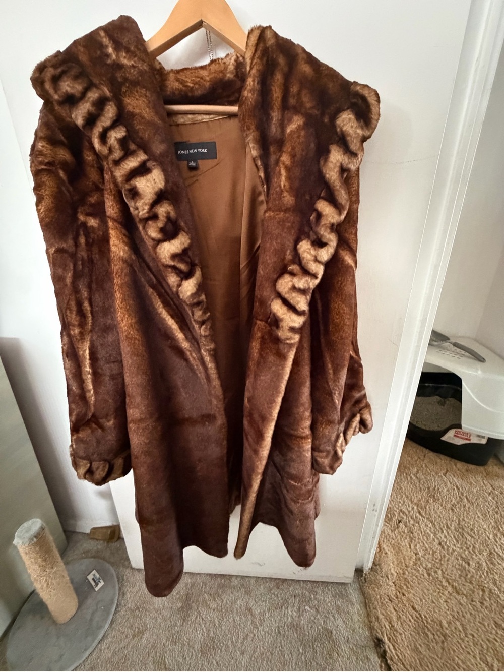 Jones New York Chestnut Brown Faux Fur Hooded Cape Coat